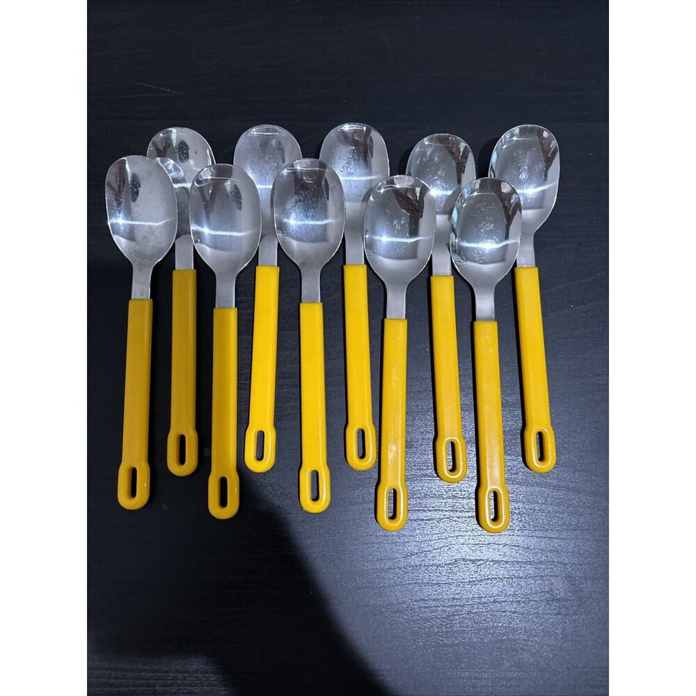 Vtg Yellow Plastic Handle Stainless Taiwan MCM - Set Of 10 Spoons 7.75”